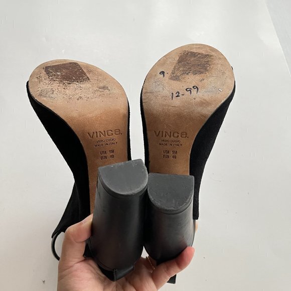 VINCE MADE IN ITALY BLACK SUEDE HIGH HEELED ANKLE BOOTS OPEN TOE WOMENS SIZE 9M - Picture 7 of 9